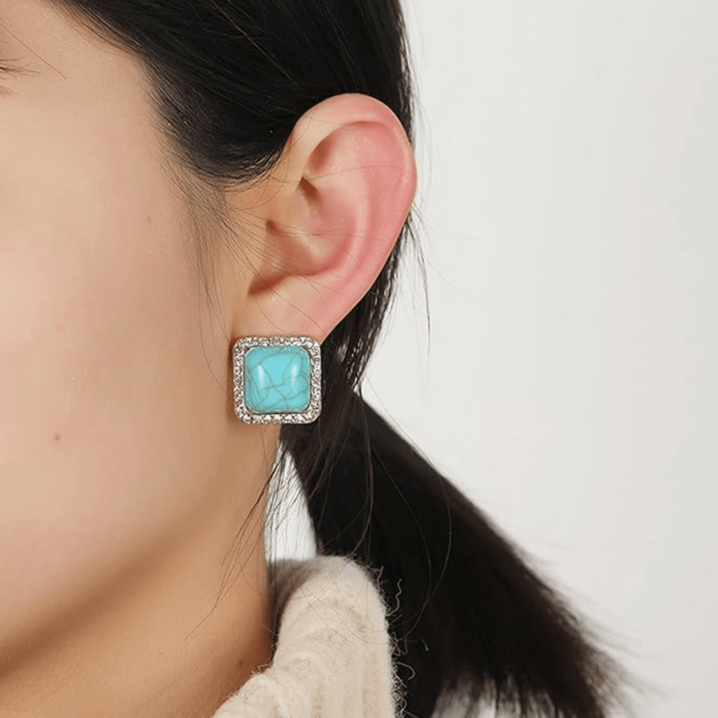 Goldtone Crystal Square Turquoise Stud Earrings