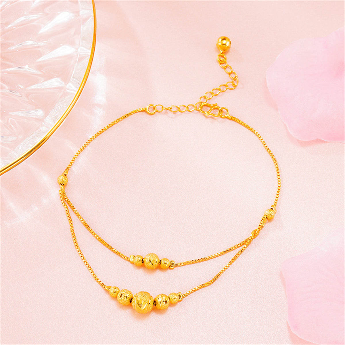 24K Goldtone Round Bead Layered Anklet
