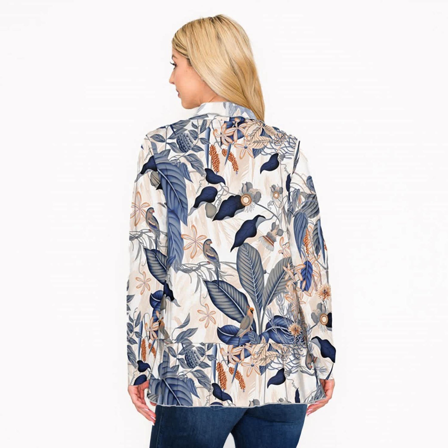 Blue Floral Leaf Print Open Front Long Sleeve Cardigan