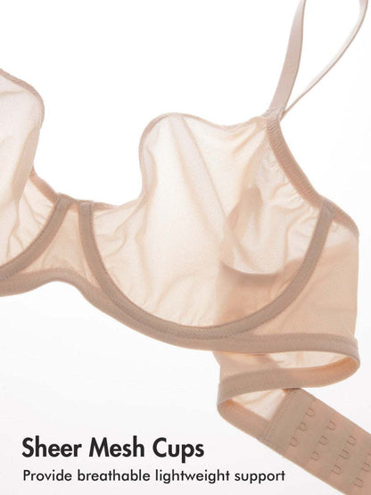 Cosnufy Sheer Mesh Plunge Underwire Full Coverage Bra