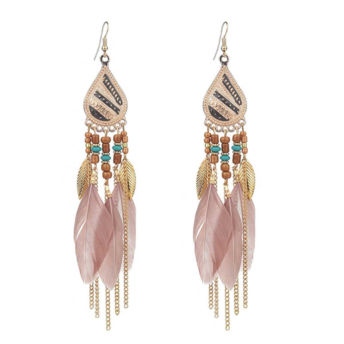 Coffee Feather & Goldtone Feather Drop Earrings
