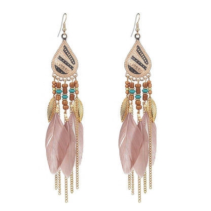 Coffee Feather & Goldtone Feather Drop Earrings