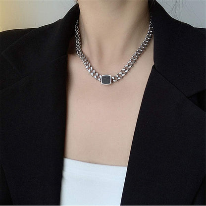 Black & Stainless Steel Square Pendant Necklace
