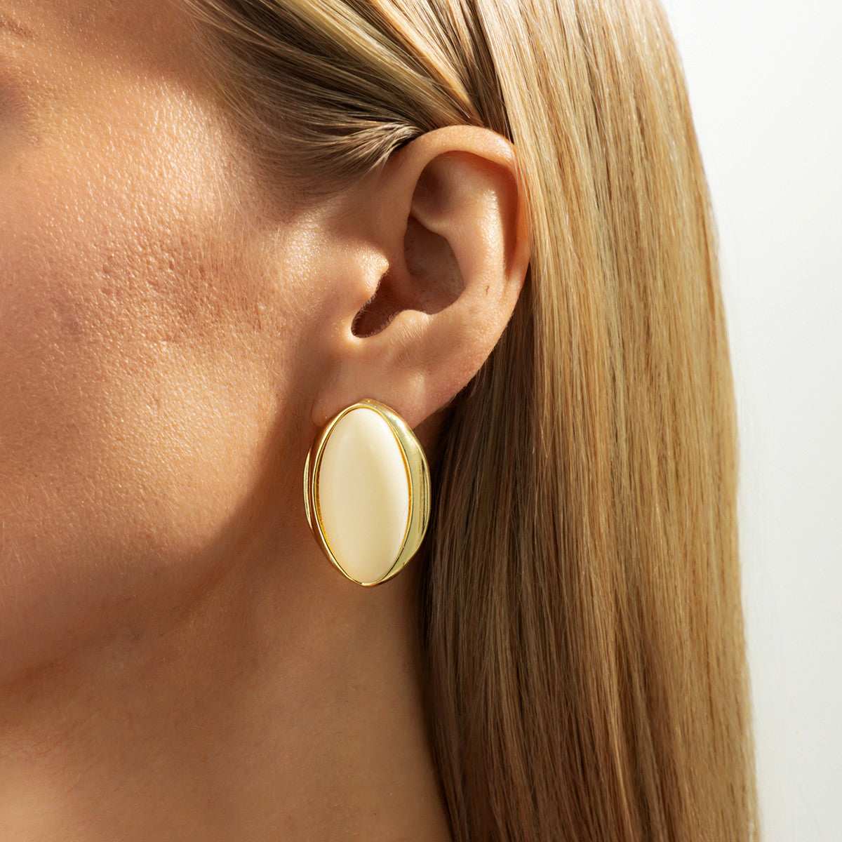Beige Resin & Goldtone Oval Stud Earrings