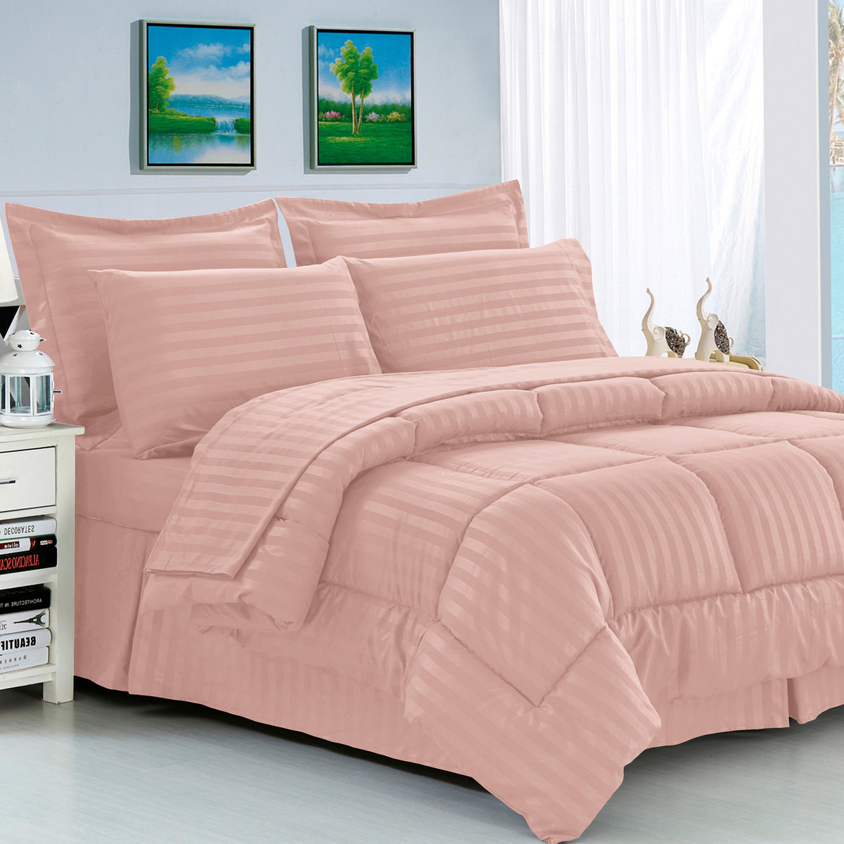 Elegant Comfort 8-Piece Dobby Stripe Comforter Set - Includes 4-Piece Sheet Set with Double Sided Storage Pockets