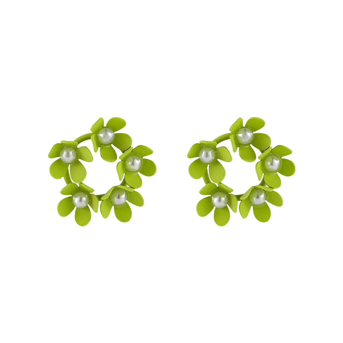 Pearl & Green Enamel Floral Garland Stud Earrings