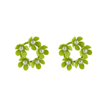 Pearl & Green Enamel Floral Garland Stud Earrings