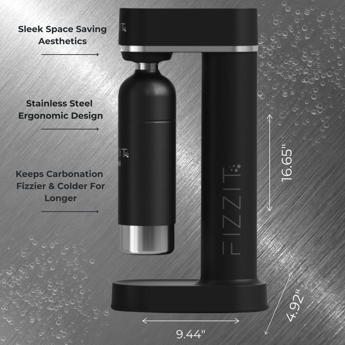 Black Fizzit Stainless Steel Sparkling Water Maker Bundle | Includes Soda Maker, CO2 Cylinder, & Black Stainless Steel Bottle | Customizable Carbonated Water Machine, Reusable Bottle & Eco-Friendly