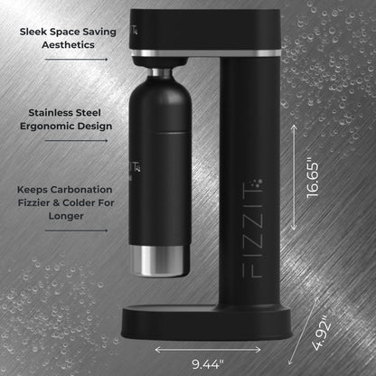 Black Fizzit Stainless Steel Sparkling Water Maker Bundle | Includes Soda Maker, CO2 Cylinder, & Black Stainless Steel Bottle | Customizable Carbonated Water Machine, Reusable Bottle & Eco-Friendly