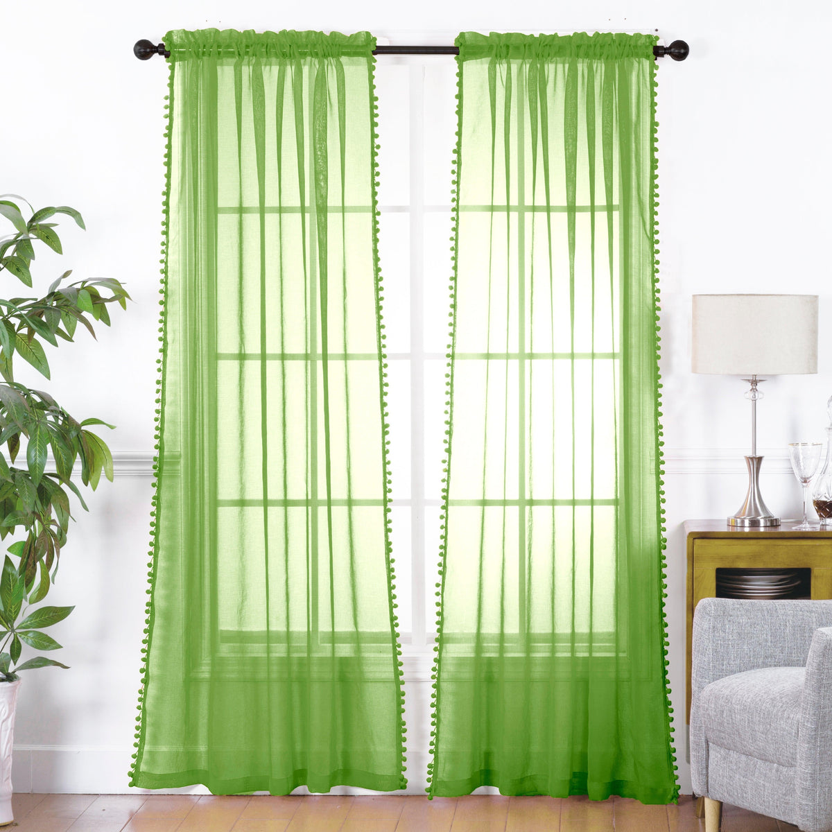 Elegant Comfort Set of 2 Pom Pom Tasseled Sheer Curtain - Rod Pocket
