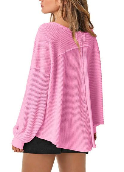 Women's Waffle Knit Oversized V Neck Batwing Long Sleeve Tops