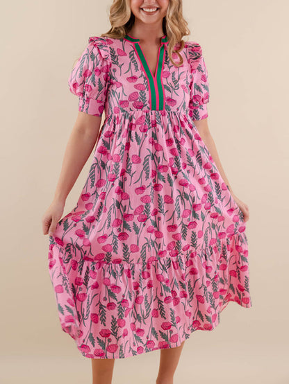 Women's Summer Midi Dress Casual Floral Puff Short Sleeve V Neck Swing
