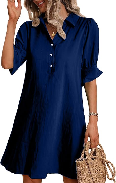 ✨Hot Sale-Womens Casual Shirt Dress Ruffle Sleeve Solid Color Button Down