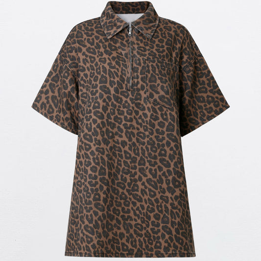 Women's Leopard Print Half-Zip Denim Shirt Dress