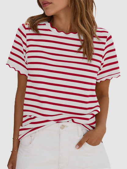 Women's Scalloped Crew Neck Striped T-Shirt