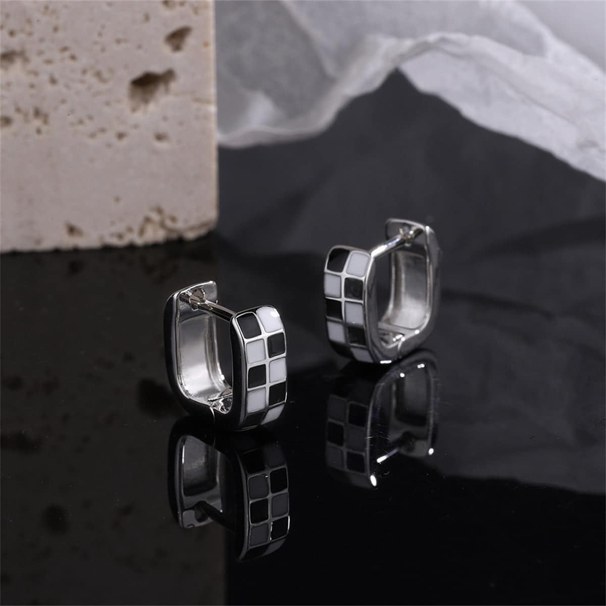 Black & White Checkerboard Square Huggie Earrings