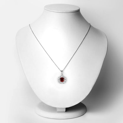 Genuine Mozambique Garnet and Lab Diamond Silver Halo Necklace