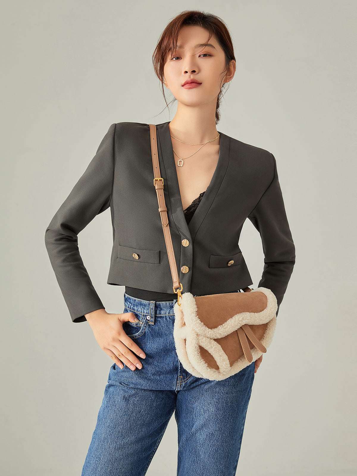 Apricot Beige Furry Saddle Shoulder Bag