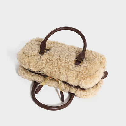 Beige Sherpa Fur Trimmed Elongated Top Handle Bag