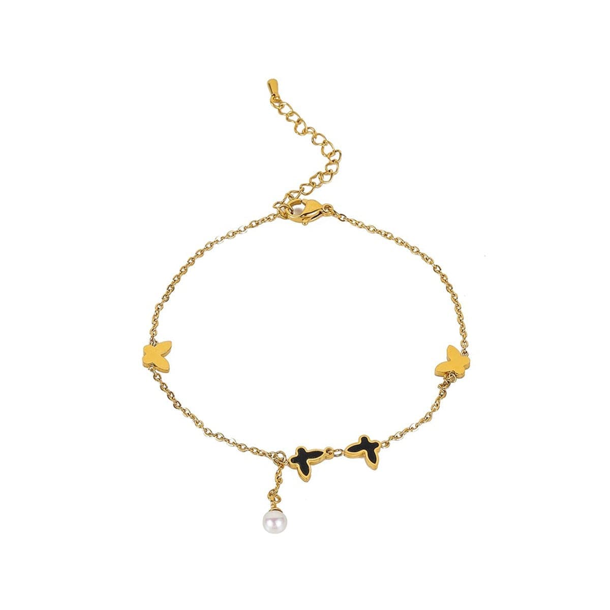 Black Acrylic & Pearl Goldtone Butterfly Anklet