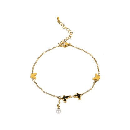 Black Acrylic & Pearl Goldtone Butterfly Anklet