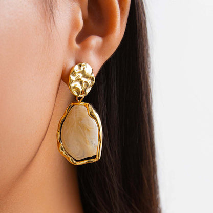 Beige Resin & Goldtone Hammered Stacked Irregular Dangle Earrings
