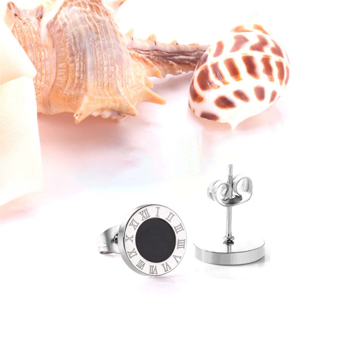 Black Acrylic & Silvertone Roman Numeral Stud Earrings