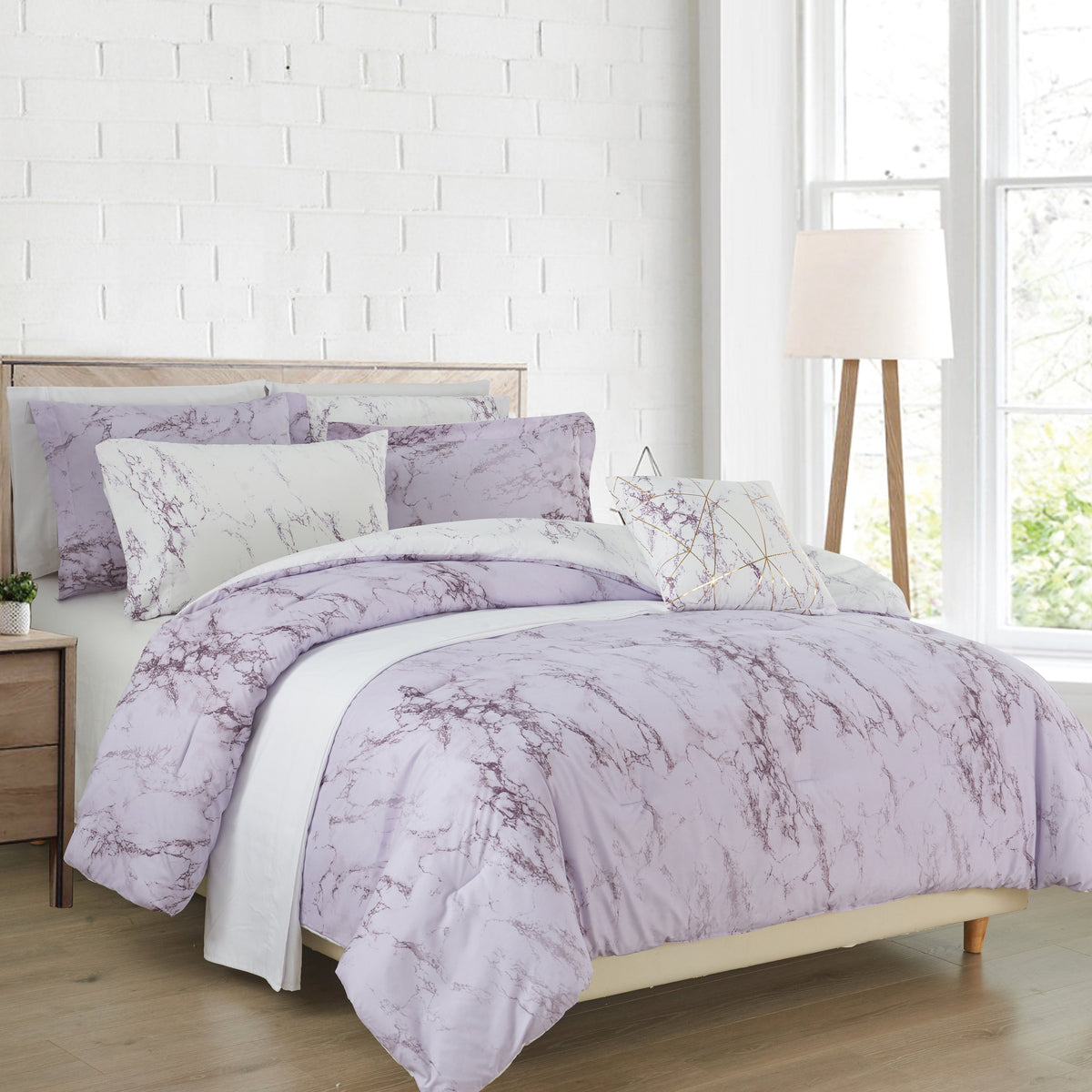 Elegant Comfort Reversible 10-Piece Marble Print Comforter Set, Includes 6-Piece Sheet Set with Double Sided Storage Pockets