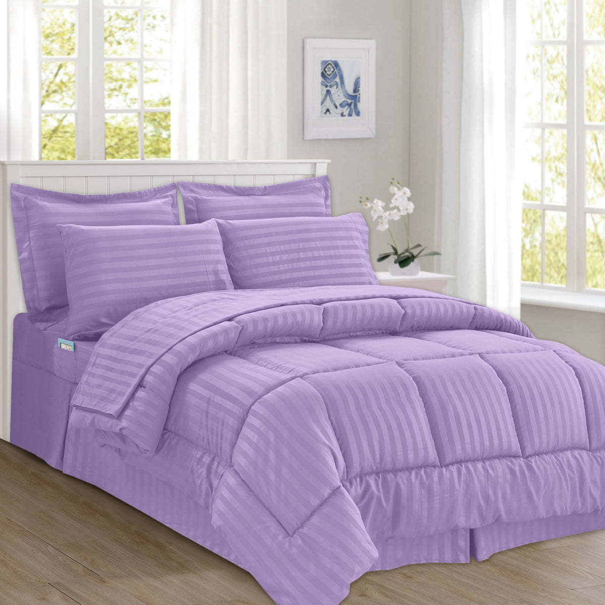 Elegant Comfort 8-Piece Dobby Stripe Comforter Set - Includes 4-Piece Sheet Set with Double Sided Storage Pockets