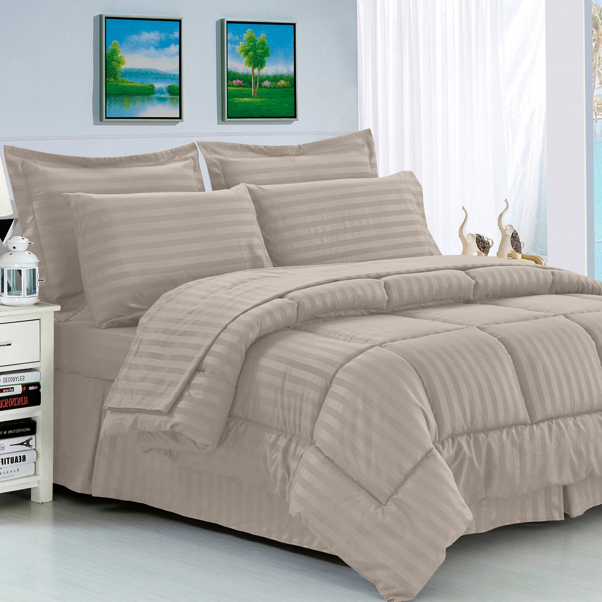 Elegant Comfort 8-Piece Dobby Stripe Comforter Set - Includes 4-Piece Sheet Set with Double Sided Storage Pockets