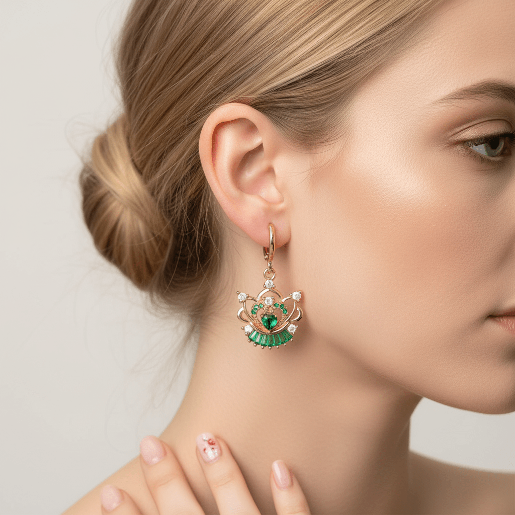 Emerald Crystal & Cubic Zirconia Goldtone Flower Heart Huggie Earrings