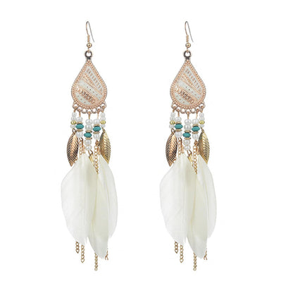 Beige Feather & Goldtone Feather Drop Earrings