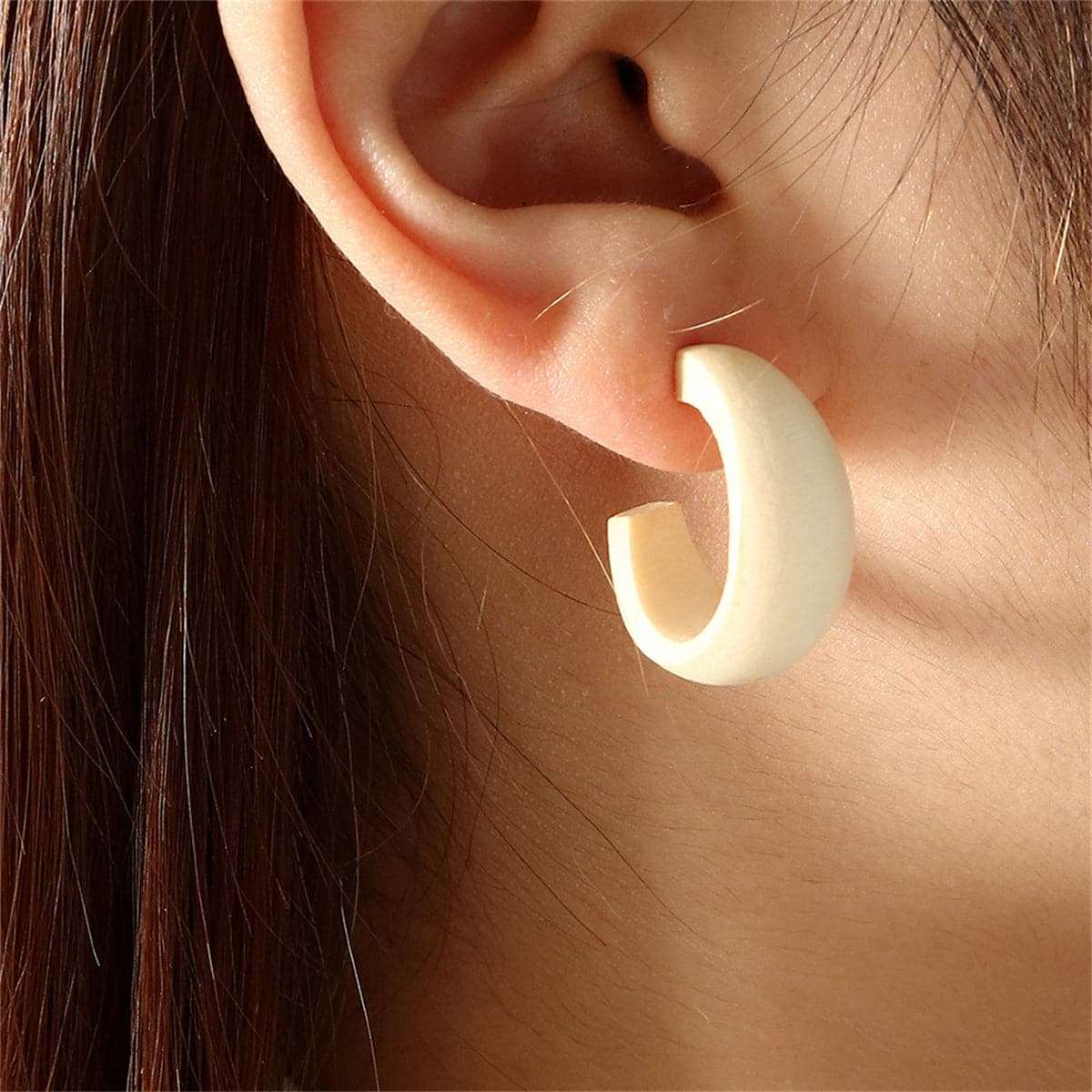 Beige Wood & Silvertone Huggie Earrings