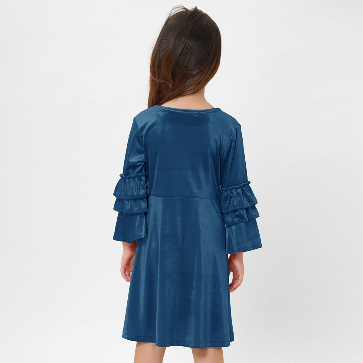 Blue Velvet Bell-Sleeve A-Line Dress