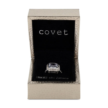 Covet Rhodium Plated Cubic Zirconia Large Square Cut Silver Ring - Size K