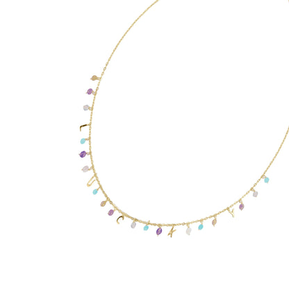 Gold Over Sterling Silver Natural Amazonite, Labradorite, Red Tourmaline, Orange Moonstone, Pink Opal and Amethyst Lucky Necklace 18"