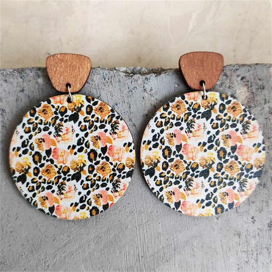 Yellow Wood & Silvertone Floral Round Drop Earrings
