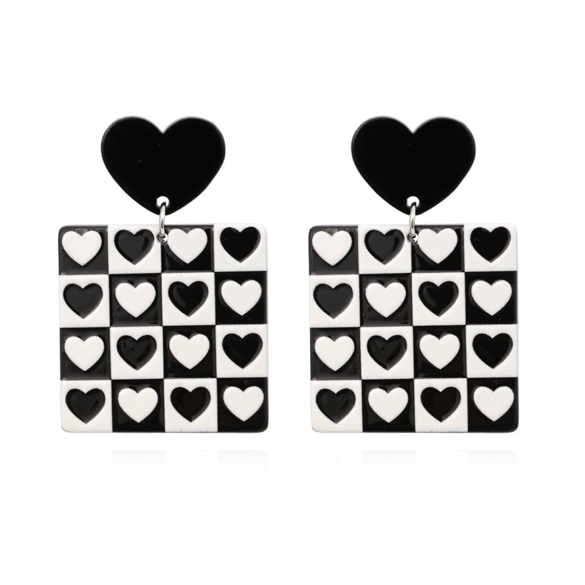 Black Acrylic Checkerboard Heart Earrings