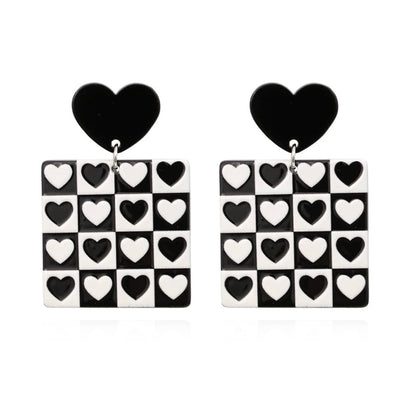 Black Acrylic Checkerboard Heart Earrings