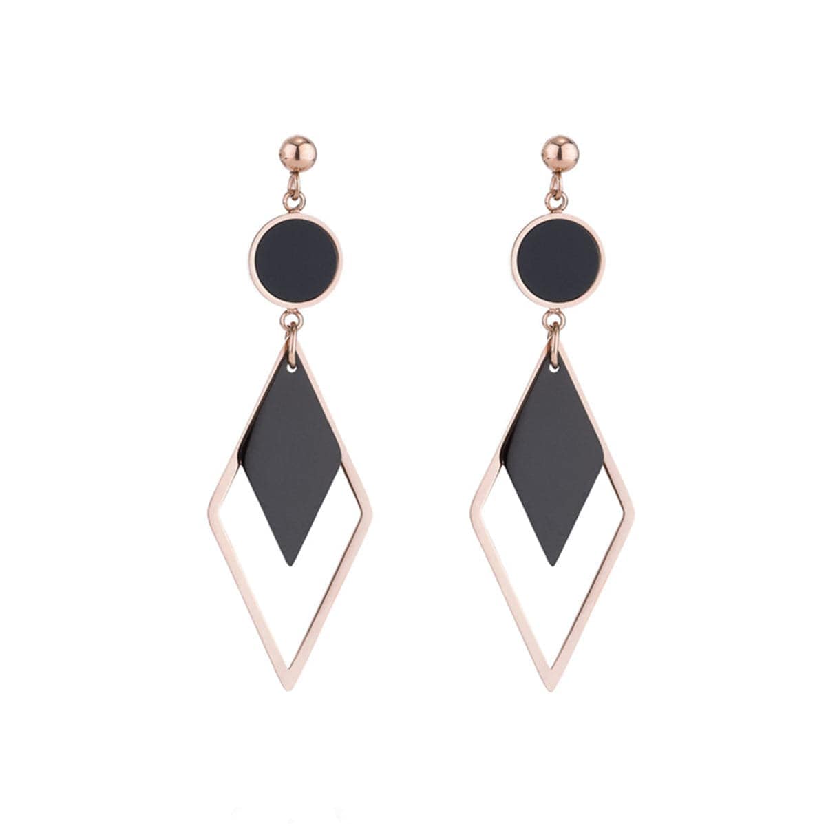 Black Acrylic & Rose Goldtone Stacked Rhombus Drop Earrings