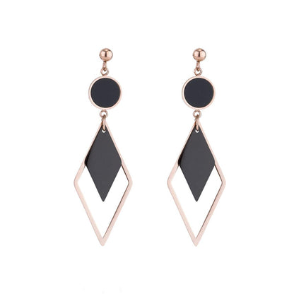 Black Acrylic & Rose Goldtone Stacked Rhombus Drop Earrings