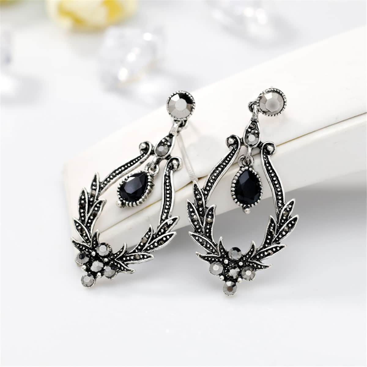 Black Crystal & Cubic Zirconia Botanical Teardrop Earrings