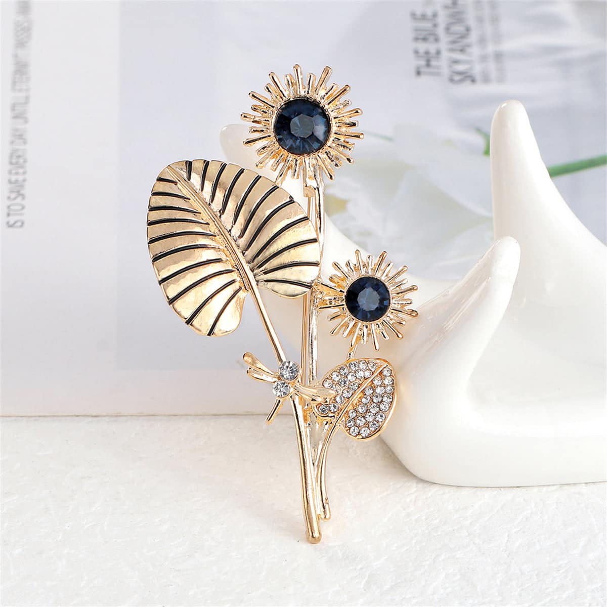 Black Crystal & Cubic Zirconia Goldtone Dragonfly Sunflower Brooch
