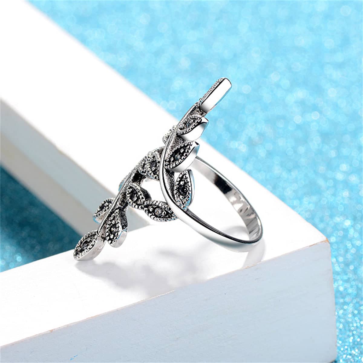 Cubic Zirconia & Silvertone Leaves Bypass Ring