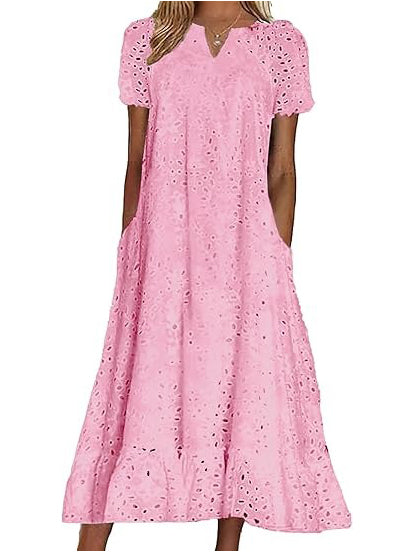 Women's Eyelet Lace Notch Neck Midi Dress with Pockets
