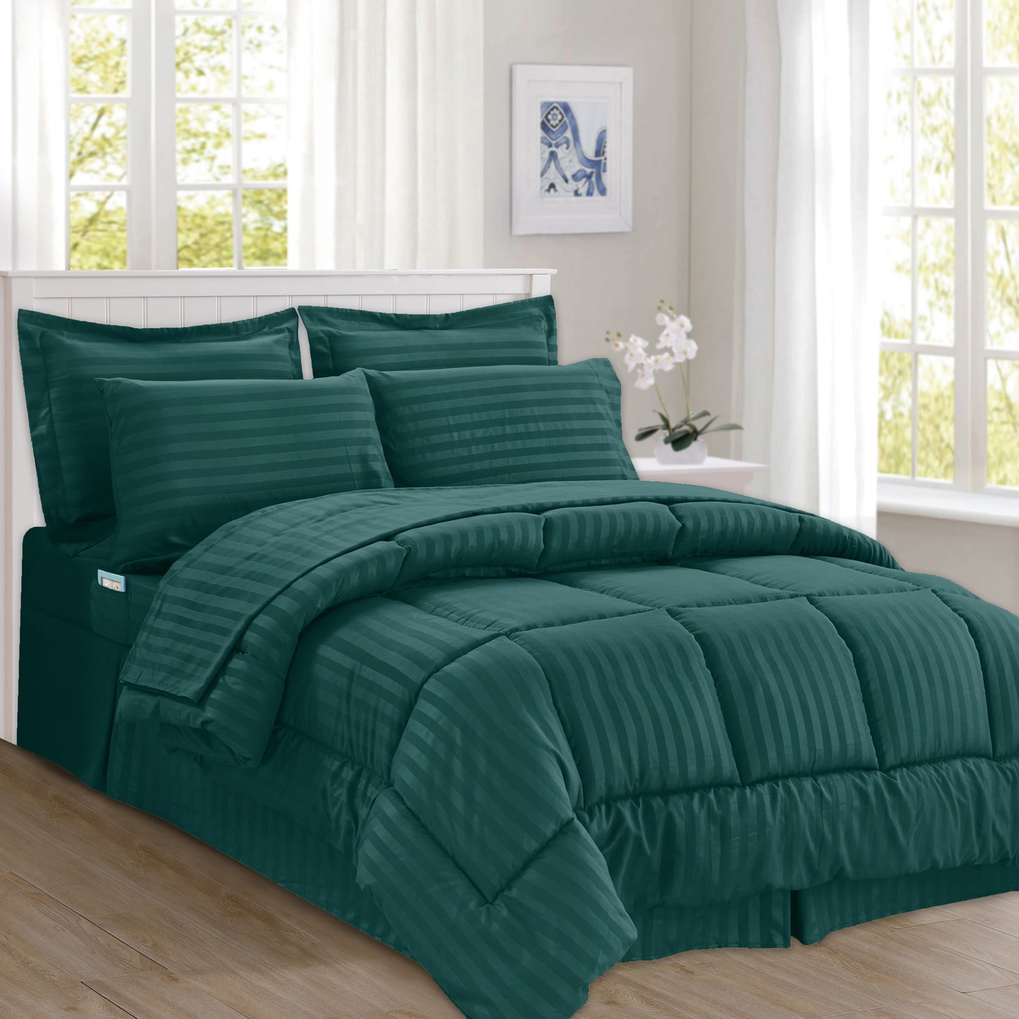 Elegant Comfort 8-Piece Dobby Stripe Comforter Set - Includes 4-Piece Sheet Set with Double Sided Storage Pockets