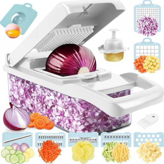 16 in 1 Vegetable Chopper, Mandoline Slicer and Food Processor - Kitchen Essentials for Effortless Food Prep - Includes Salad Spinner, Cheese Grater, Onion Chopper, French Fry Cutter (Sky Blue)