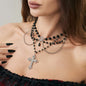 Black Acrylic & Silvertone Cross Heart Pendant Layered Necklace