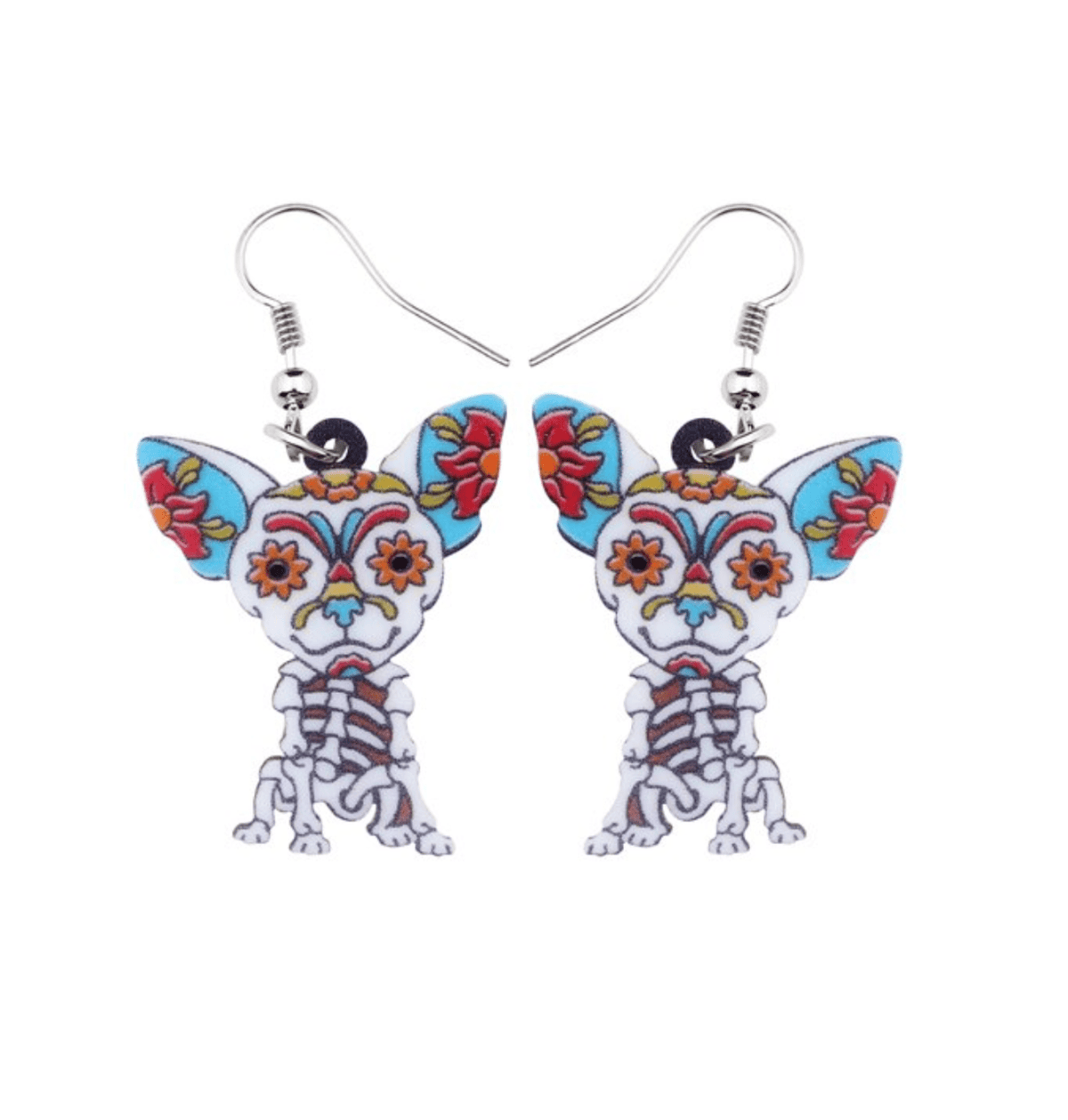 Blue Floral Skeleton Dog Drop Earrings