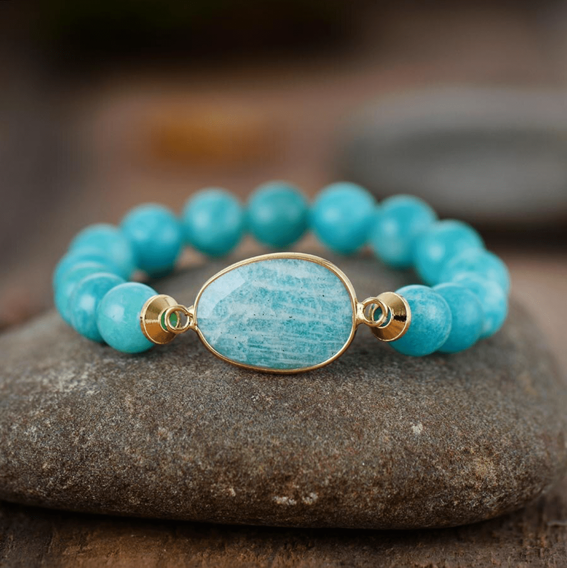 Amazonite Stone Goldtone Beaded Stretch Bracelet